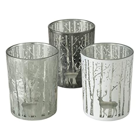 Set of 3 Tea Lights Stag Birch Forest NR906 Candle Holders Trees Forest Deer Glass White Grey Matt Winter Christmas Height 13 cm Gift Cover