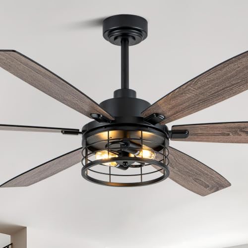Image of 60 inch Farmhouse Ceiling Fan with Lights and Remote Rustic Fandelier | Black Caged Fandalier Ceiling Fan Industrial Large Chandelier, Reversible 6 Speed 6 Dual Blades 3 E26 Sockets for Living Room