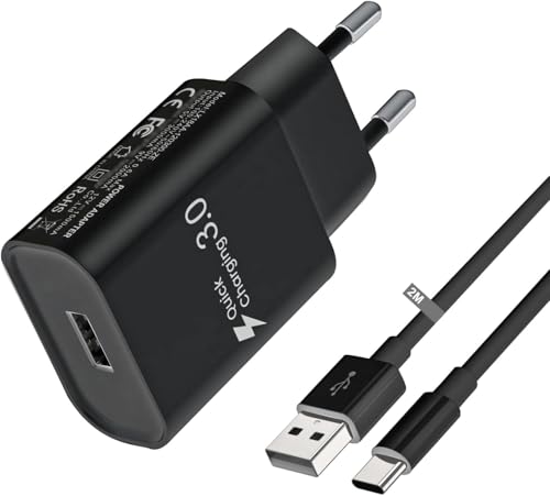 Caricabatterie rapido USB-C 18W per Samsung Galaxy A15 A14 A13 A12 A04S A05S A35 A25 S21 S20 S10 S9, Compatibile con Xiaomi Redmi 10C 10 Note 11S 10 Pro Mi 8 Mi 9 Mi 10, con cavo USB C da 2 m (Nero)