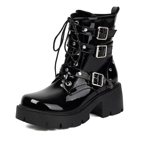 OEWHNGD Womens Chelsea Combat Boots Fashion Lug Platform Chunky Heel Lace Up Goth Boots Buckle Strap Punk Short Booties With Zipper (patent leather black,8.5)
