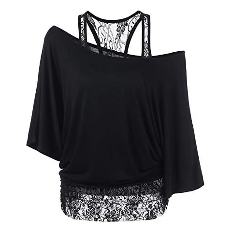 Womens Casual Bat Sleeve Tee Shirt Lace Stitching Crop Tops Loose Oblique Cold Shoulder Fit Running Work Basic T-Shirts Black Cover