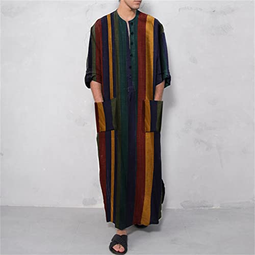 Maiyifu-GJ Men's Striped Muslim Dresses Robe Long Sleeve V Neck Side Split Kaftan Thobe Button Up Long Gown Henley Shirts3