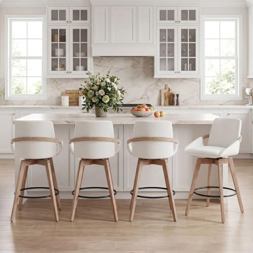 CIMOTA Swivel Counter Height Bar Stools Set of 4, Modern Natural Wooden Barstools with Curved Backs/Arms, 26 Inch Bar Stool Chairs Upholstered Linen Counter Stools for Kitchen Island, White