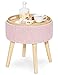 4-in-1 Taburete Acolchado de Almacenaje con Bandeja Otomana con Tapa Reposapiés Redondo Banco Baul Puff de Almacenamiento Patas de Madera Asiento de Tela para Dormitorio Salón Pasillo Rosa