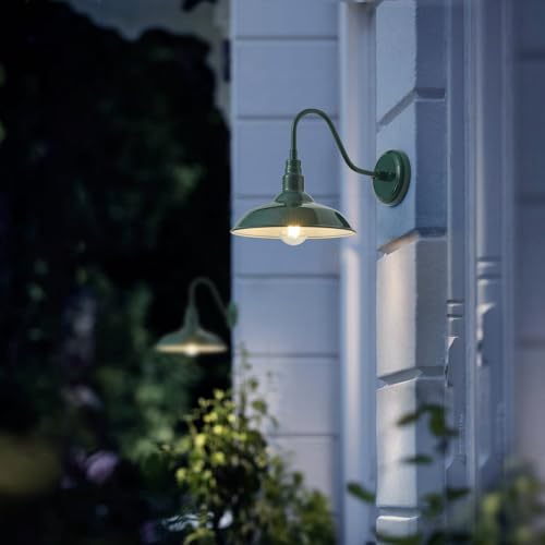 Image of 10in Outdoor Gooseneck Barn Light Wall Mount, Green Exterior Farmhouse Porch Lights with White Interior Small Dome Outdoor Patio Gooseneck Wall Sconce Garage Lighting for House, Cabin