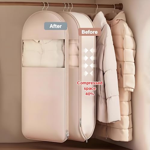 Space Saving Hanging Garment Bag with Self Compression Zipper, 2025 New Space Saving Hanging Protector, Space Saver Closet Organizers,Dust Cover Clothes Bags for Down Coat(Beige,X-Large)2