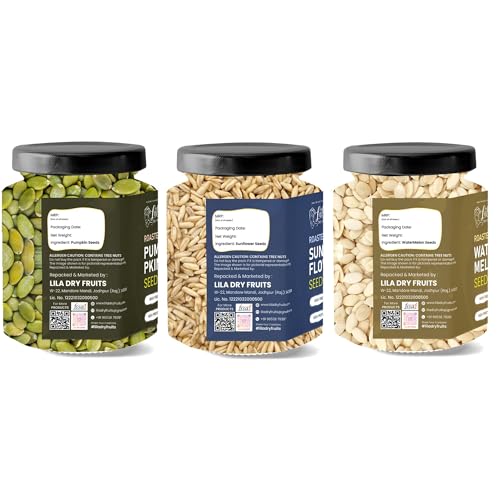 Image of LILA DRY FRUITS Roasted Pumpkin Sunflower Watermelon Seeds Combo Pack 300 Grams (100g x 3) | Super Snack Trio | Crunchy Roasted Seeds Mix | Healthy Daily Snacking Option Perfect for Gifting