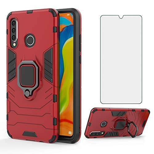 Phone Case for Huawei P30 Lite with Tempered Glass Screen Protector Cover and Magnetic Ring Holder Stand Kickstand Slim Hard Cell Accessories Huwai P30lite P 30 30lite Hawaii Hwauei Women Cases Red