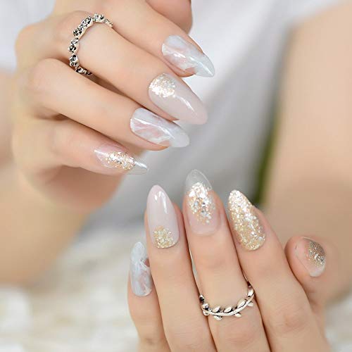 EchiQ Spitzer Stiletto Kunstnägel, Nude Grau Marmor Wolke Fake Nails Clear Shimmer Glitter Drücken auf Full Summer Daily… – Bild 6
