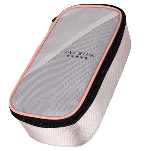 Image of Five Star Pencil Pouch Zipper High-Capacity Storage Organizer Case for Office Supplies Earbuds Chargers Cables Makeup, Tan /Pink (500212C)