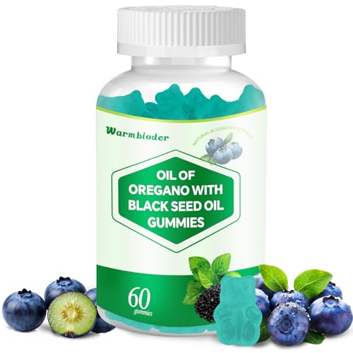 Warmbioder Oil of Oregano Gummies with Black Seed Oil Vitamin D3 Oregano Oil Organic High Carvacrol Immune & Digestive Support Support Antioxidant Blueberry Flavor
