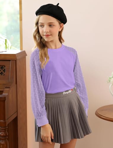 Image of Yekaty Girls Shirts Casual Solid Color Crewneck Blouses Soft Long Sleeve Swiss Dots Chiffon Tops