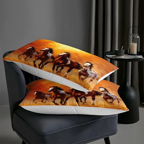 Image of AILONEN Galloping Horses Comforter Set Queen Size,Sunset Orange Theme Bedding Sets for Boys Girls Teens Adults, All Season 1 Quilt and 2 Pillowcases, 3 Piece