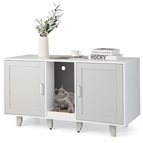 FANTASK Casa para Gatos, Armario para Gatos con 2 Puertas y Tabla para rascar y Entrada, Muebles para Gatos Mesa Auxiliar