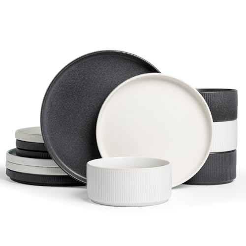 Image of Famiware Star 12-Piece Stoneware Dinnerware Sets for 4, Reactive Glaze Plates and Bowls, Modern Rustic Dishes for Everyday /Formal Use, Chip /Scratch Resistant, Microwave /Dishwasher Safe, White & Black