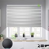 Yoolax Motorized Zebra Blinds Works with Alexa, Light Filtering Day and Night Dual Layer Sheer Blinds Custom Size, Privacy Light Control Horizontal Window Blind for Home (90% Shading Greyish White)