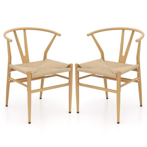 GIANTEX Lot de 2 chaises de salle à manger, cuisine, salon, empilables avec dossier et large siège en rotin, charge maximale : 150 kg, avec pieds en métal,...