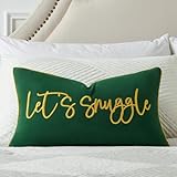 Sunkifover Let's Snuggle Decorative Lumbar Pillow Cover - 12x20 Inch Green and Gold Cotton Embroidery Throw Pillowcase for Bed, Bedroom, Living Room, Home Decor
