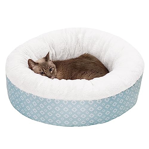 Image of Furhaven 23 inch Round Donut Dog Bed for Indoor Cats & Small Dogs, Washable, For Dogs Up to 20 lbs - Plush & Diamond Print Donut Bed - Aqua, Small