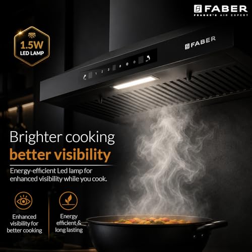 Image of Faber Pluto 60 cm 1000 m /hr Wall Mounted Kitchen Chimney | Baffle Filter | Touch Control | LED Lights | 1 Year Comprehensive Warranty and 12 Years on Motor | Black | HOOD PLUTO SENSOR TC BF BK IN 60