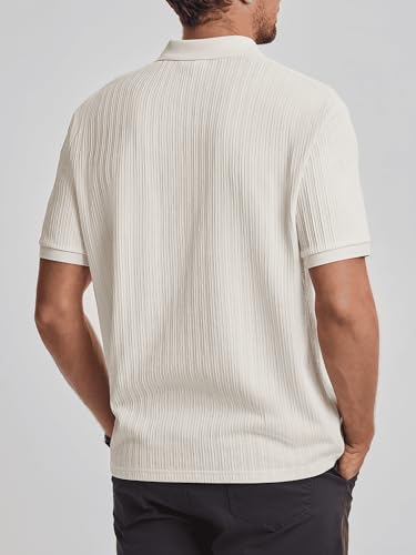 JMIERR Men's Casual Button Down Polo Shirt Short Sleeve Textured Knit Design Vintage Old Money Loose Comfy Collared Top for Golf and Office Date, Apricot, M