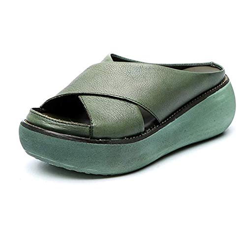 XXZ Damen Plateau Pantoletten mit Kork Keilabsatz Sandalen Peep Toe Schuhe Keilsandalen Sandalette Sommerschuh Hausschuhe Absatzschuhe,Grün,38 Cover