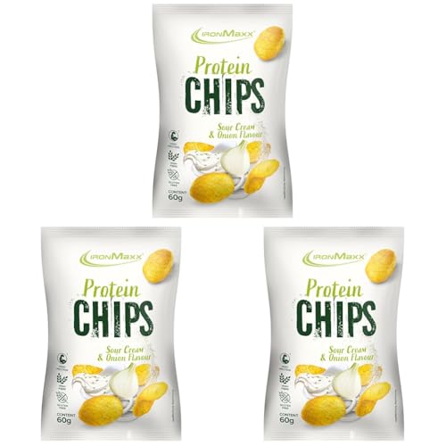 IronMaxx Patatas fritas ricas en proteínas - Crema agria y cebolla Bolsa de 60 g | Bajo en azúcar y sin gluten | Alto contenido en proteínas y a base de patata (Paquete de 3)