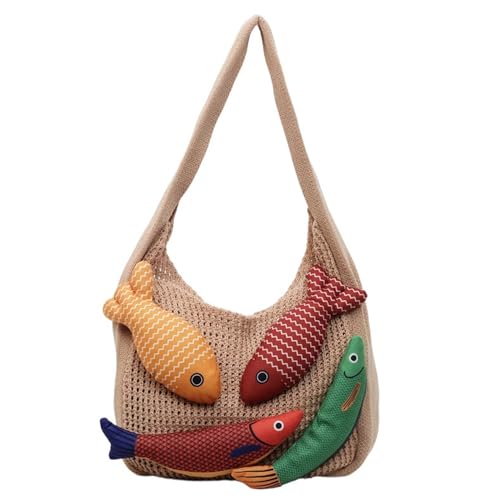 Rwoora 3D Fish Knitted Fringe Tote Bag, Large Capacity Shoulder Bag Beach Purse Hobo Vacation Handbag for Women, Khaki, 23*32*9 cm / 9*12.6*3.5 inch