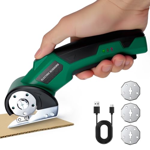 Kartonschneider Elektrische Schere SharpSpin Kabelloser Akku Universalschneider - Cardboard Cutter mit 3 Selbstschärfende Klingen für rollschneider Stoff Pappe Teppich Leder Filz Kunststoff