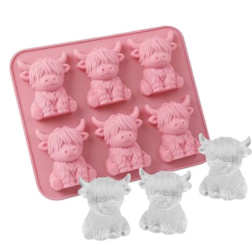 Highland Cow Ice Cube Tray, 3D Highland Cow Ice Cube Mold, 6 Cavity Food Grade Silicone Tray for Whiskey and Cocktails, Reusable Mini HighlandCow Gifts for Farmhouse Kitchen Accessories (1PCS Pink)
