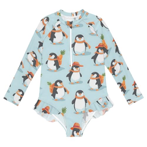 Cute Penguin Carrot Girls Long Sleeve Swimsuit Rash Guard One Piece Bathing Suits Zipper 3-12T