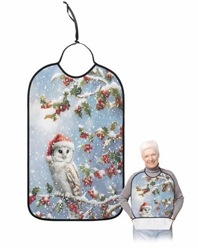 Christmas Adult Bibs for Eating, Winter White Owl Santa Claus Berries Snow Washable Elderly Adult Bibs for Men Women Large Reusable Adjustable Clothing Protector with Optional Crumb Catcher