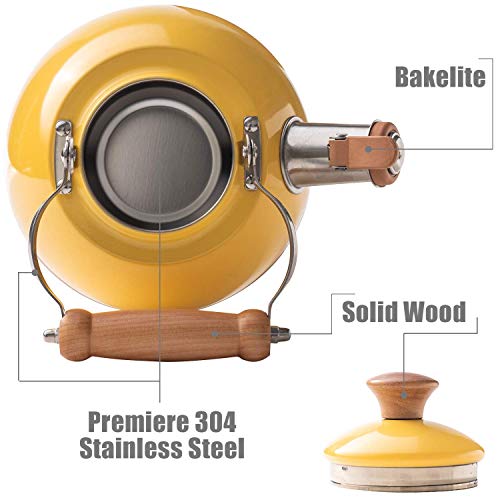 Rockurwok Whistling Tea Kettle, 1.6 Qt / 50 Oz, Yellow Teapot, Universal Base For Induction | Gas | Electric | Halogen | Radiant, Wooden Handle, Vintage #TOP3