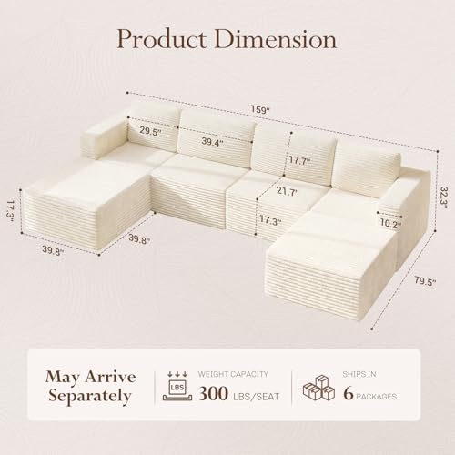 Image of Vesgantti 159 inch Large Modular Sectional Sofa, U-Shaped Corduroy Cloud Couch with Deep Seats & Spring Support, 4-Seater Boneless Sofa with 2 Movable Ottomans, No Assembly Needed, Beige