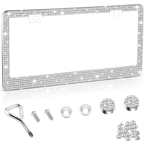Image of Amiss Bling License Plate Frame for Women, 1Pack Rhinestone Handcrafted Crystal Premium Stainless Steel, Stainless Steel Car Accessories with Diamond Sparkle Glitter Caps (White)