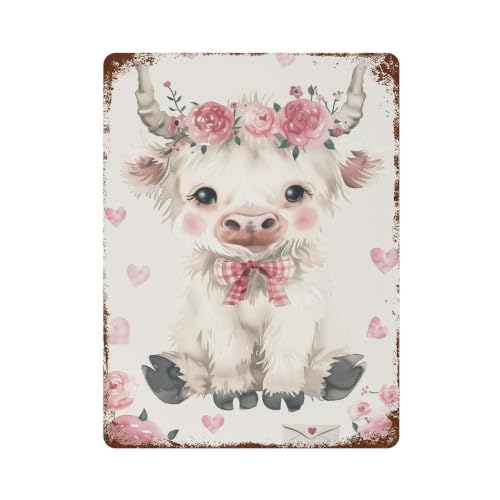 Plaque murale rétro en fer blanc fleur rose vache décoration murale métal vintage 40x30cm