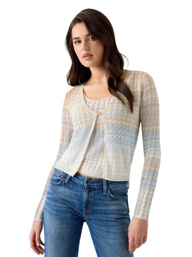 Guess Womens Eco Long Sleeve Rosalyn Cover Shoulder Sweater, Light Blue Beige and White Lur, Medium