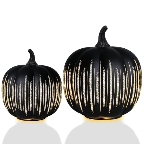 Bdor Halloween Pumpkin Decorations, 2-Piece LED Black Pumpkins Set with