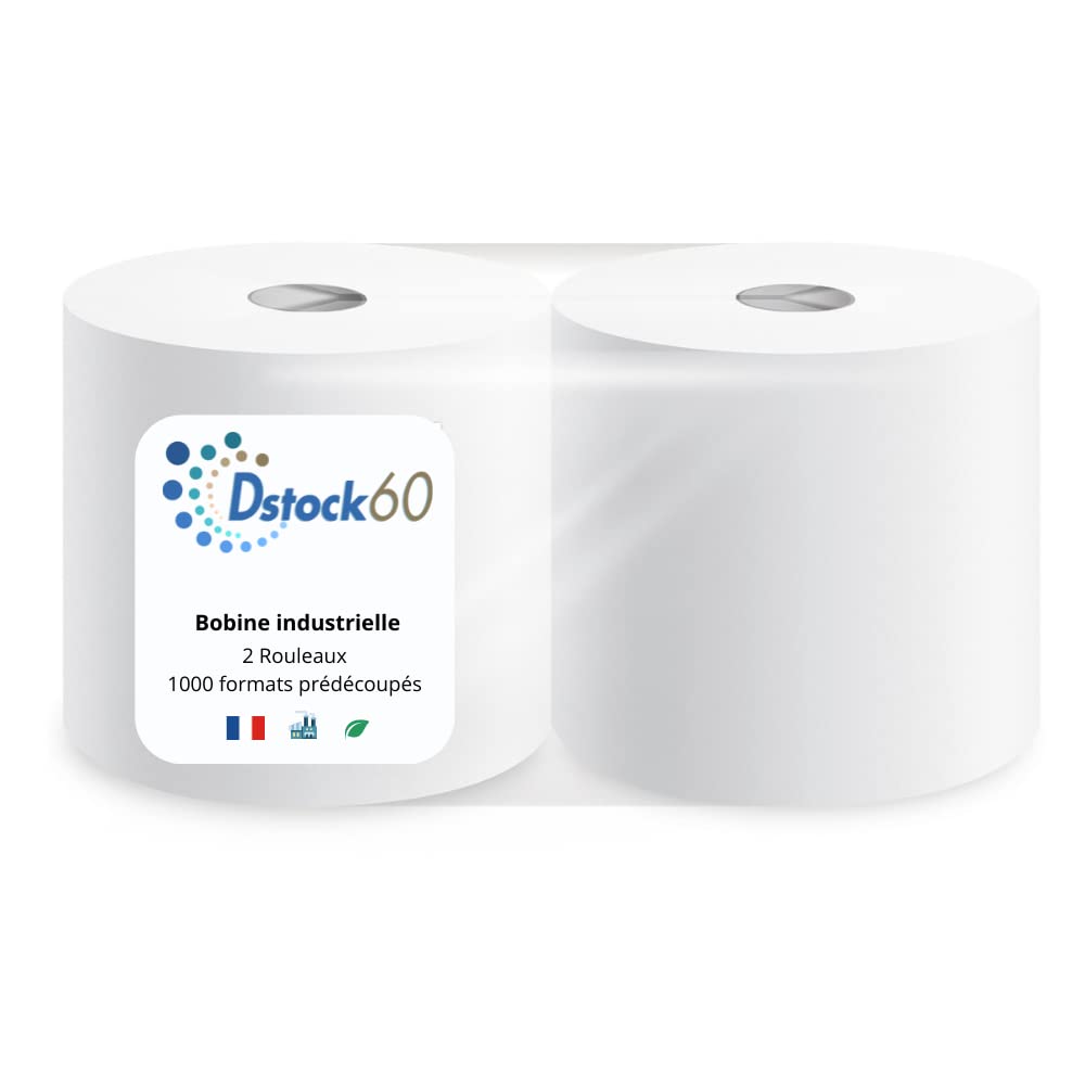 DSTOCK60 - Lot de 2 bobines industrielles 1000 formats - 2 plis pure ouate - Bobine essuyage pour ateliers, rouleau de papier essuie main grande capacité