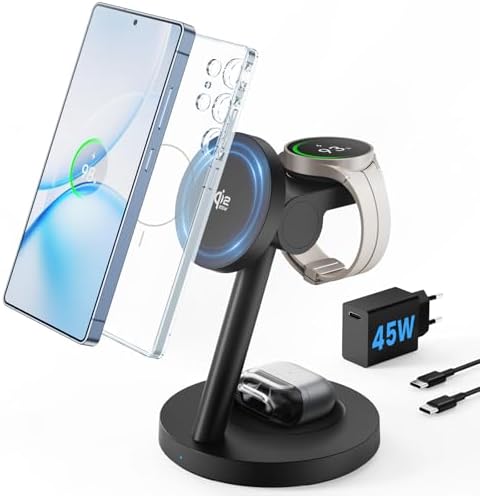 Qi2.2 25W Magnetisch Induktive Ladestation für Samsung - JoyGeek 4 in 1 Fast Mag-Safe Ladegerät für Galaxy S26/S25/Ultra/Z Fold 8/Flip,Wireless Charger für Watch 8/Ultra/7/6/5, für