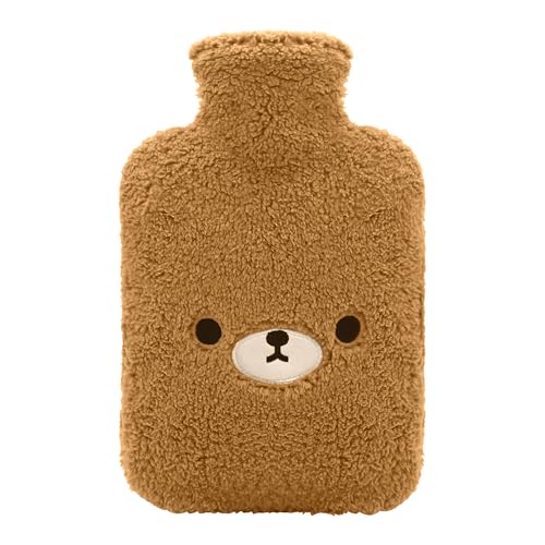 samply Hot Water Bottle with Cute Fleece Cover, Hot Water Bag for Hot and Cold Compress, Hand Feet Warmer, Ideal for Neck and Shoulder, Brown Bear