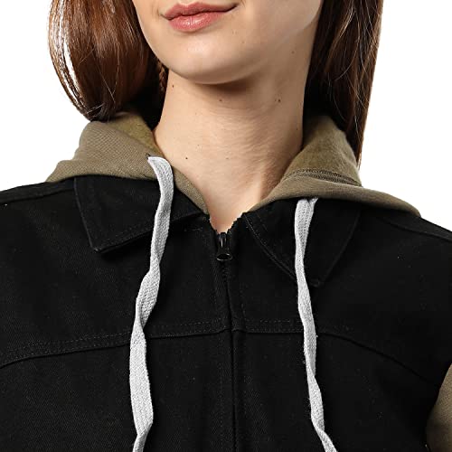 Image of Campus Sutra Women Black & Olive Green Regular Fit Denim Jacket For Winter Wear | Collared Neck | Full Sleeve | Buttoned | Casual Jacket For Woman & Girl | Western Stylish Jacket For Women