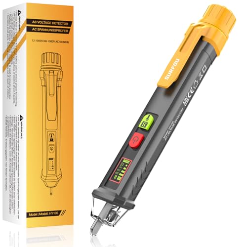 SURFOU Cercafase Senza Contatto NCV, Tester di Tensione con Allarme LED e Suono, Rilevatore Fase/Neutro e Interruzione Cavo, Doppia Portata AC 12V/48V-1000V
