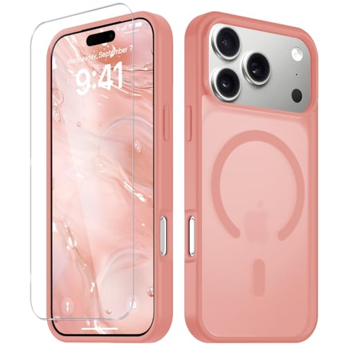 Image of YENAPOON for iPhone 17 Pro Max Case, Matte Magnetic Phone Cover [with 1 Screen Protector] [Support for MagSafe] [Shockproof Military Grade Protection] Translucent Frosted Back, Pink