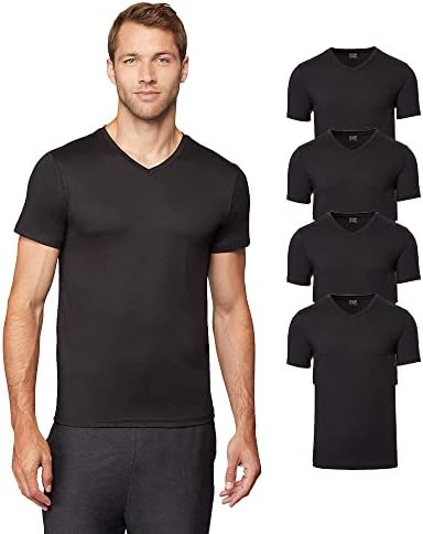 32 Degrees Mens 4 Pack Cool V-Neck T-Shirt | Anti-Odor | Quick Drying | 4-Way Stretch, Black, Large
