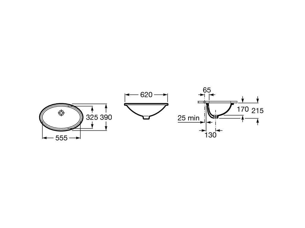 Roca,Grand Berna,Lavabo de porcelana de bajo encimera,Blanco,620mm x 390mm x 215mm,A327899000