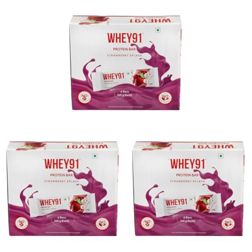 Image of Whey91 Strawberry Splash Protein Bar, 20g Protein & 7.2g Fiber in each, No Added Preservatives, No Artificial Flavour, 390g- (Pack of 18)