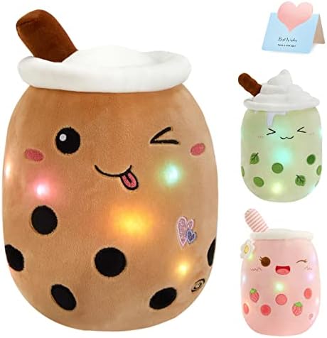 Athoinsu Light Up Chocolate Boba Milk Tea Plush Pillow,15'' Kawaii Bubble Stuffed Animal Toy with LED Lights,Birthday Christmas Holiday Valentines Gifts for Kids,Girls,Boys