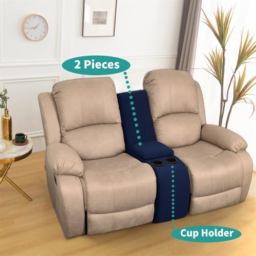 Image of YEMYHOM Additional Recliner Console Cover for Couch with Cup Holder and Storage, Jacquard Middle Reclining Console Slipcover Fitted Furniture Protector with Elastic Bottom (Navy Blue)