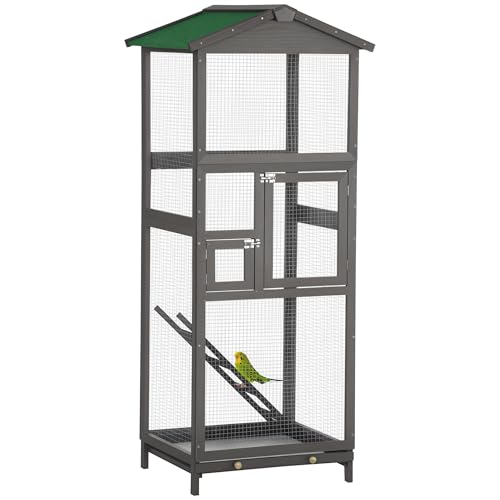 PawHut 65' Wooden Bird Cage Outdoor Aviary House for Parrot, Parakeet, with Pull Out Tray and 2 Doors, Grey